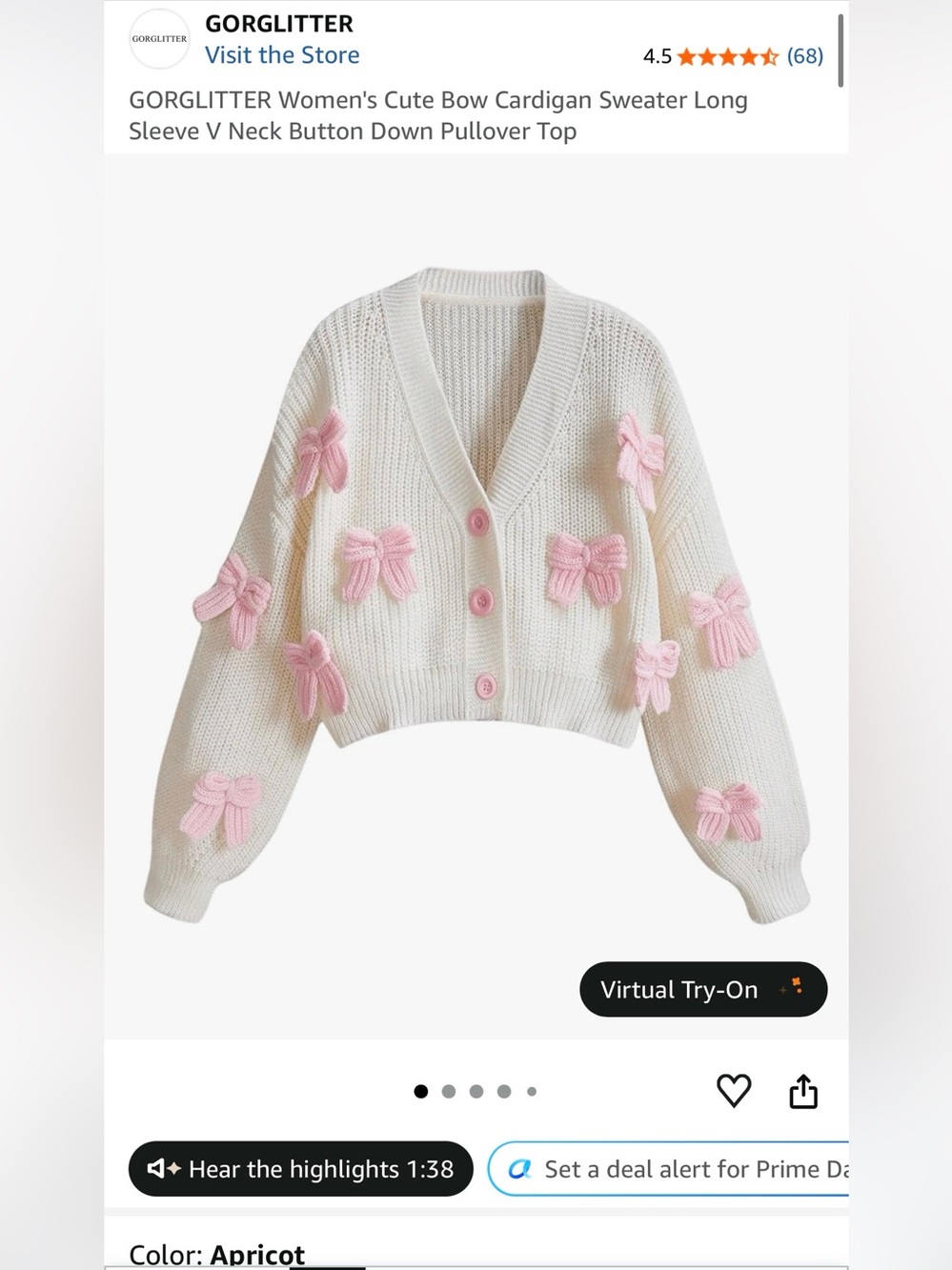 Cream Cropped Knit Cardigan with Pink Coquette Bow Appliqués - Picture 7 of 7